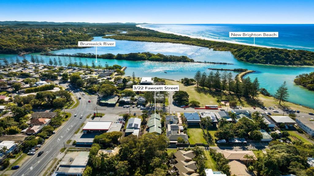 an aerial view of the town of port farewell beach at Seahorse On Fawcett in Brunswick Heads