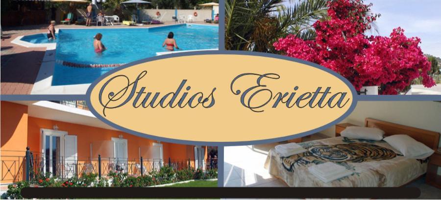 uma colagem de fotos de um hotel e uma piscina em Erietta Studios em Svoronata