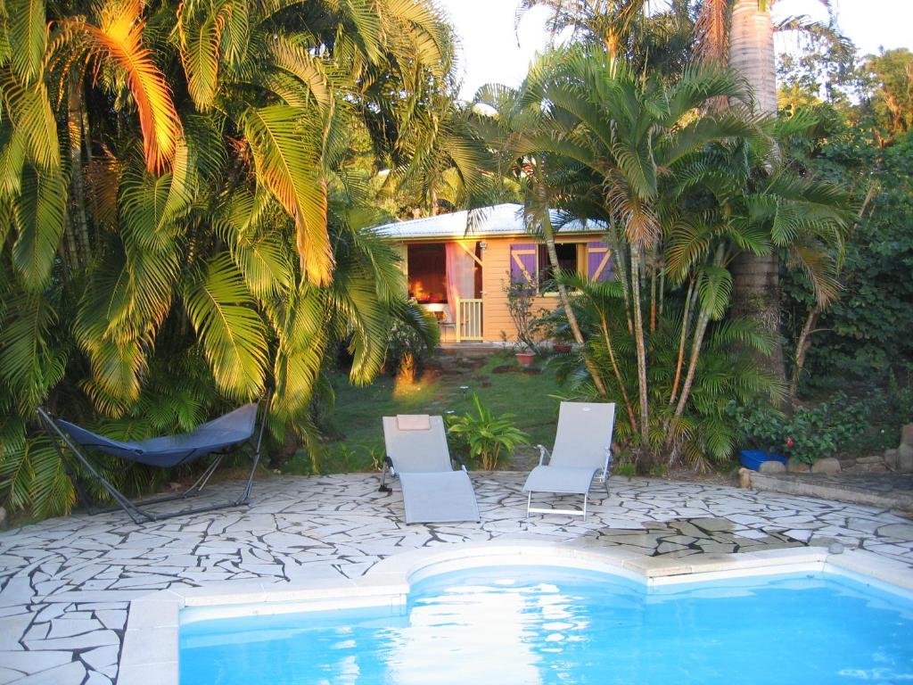 a pool with two chairs and a house with palm trees at Vacances Bien Etre Guadeloupe in Bouillante