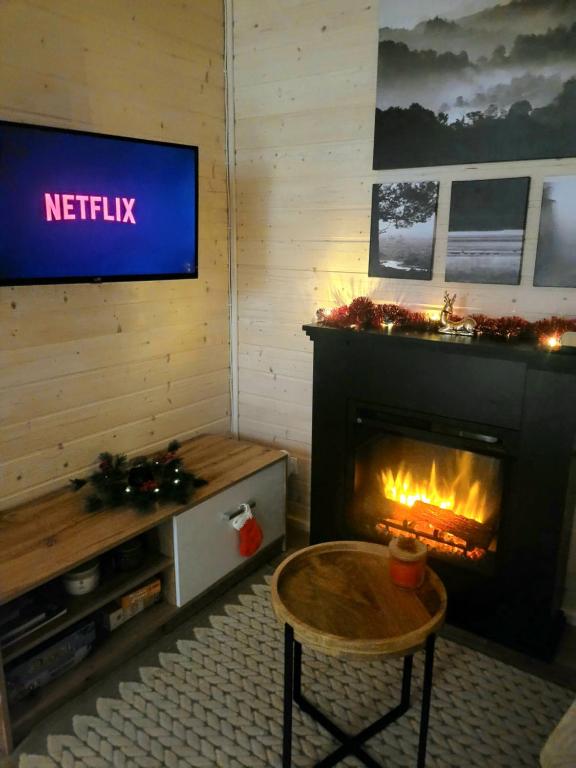 ein Wohnzimmer mit Kamin und Fernseher in der Unterkunft Domek pełen szczęścia in Borsk