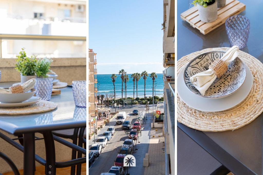 - une table avec une assiette de nourriture et une vue sur la plage dans l'établissement Mediterranean Way - Paradis Park, à La Pineda