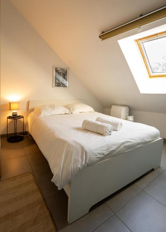 une chambre avec un lit blanc avec une lucarne dans l'établissement Le Quai de Prague - Cosy - Central - Loire - Parking gratuit dans la rue, à Orléans