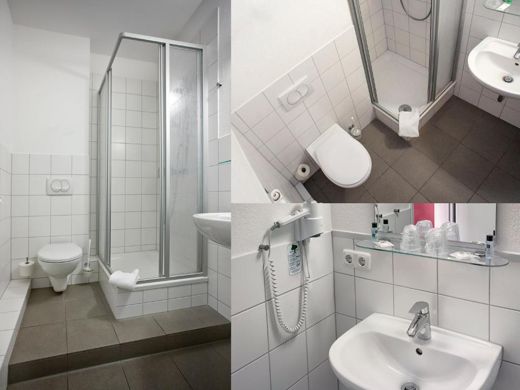 two pictures of a bathroom with a sink and a shower at hotelo Heidelberg in Heidelberg