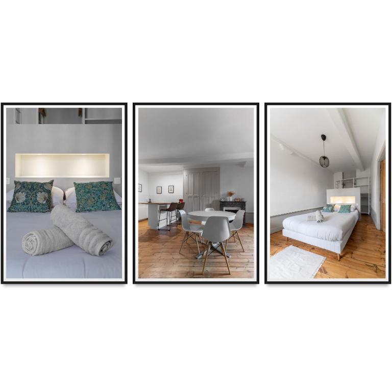 4 photos d'une chambre et d'un salon dans l'établissement Le Ballainvilliers - Appartement cœur de ville, à Clermont-Ferrand