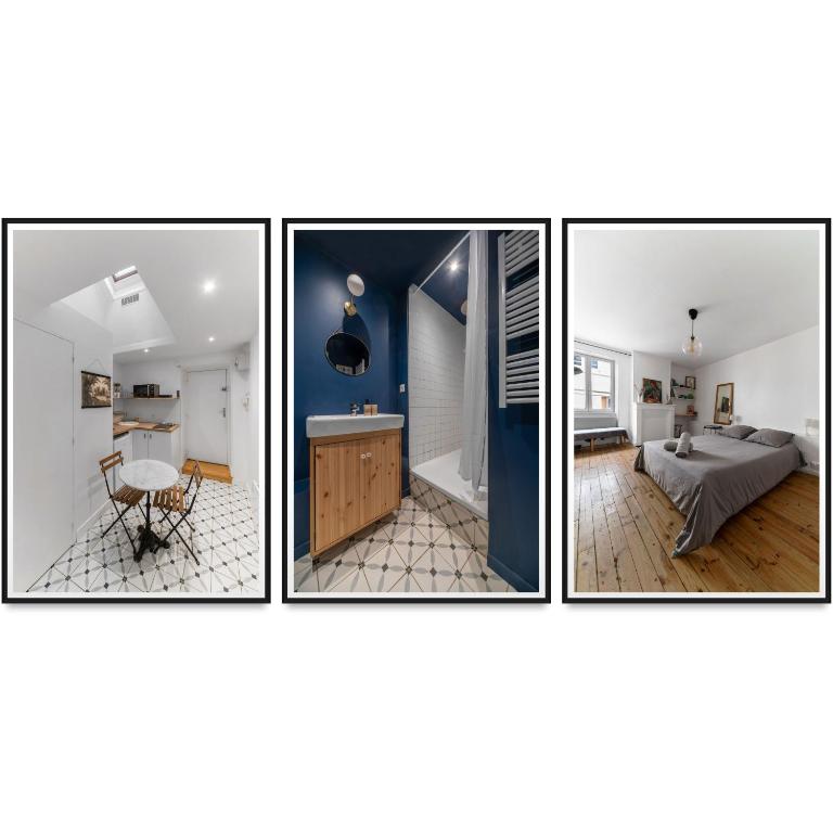 3 photos d'une chambre avec un lit et une cuisine dans l'établissement Le Paradis - Appartement cœur de ville, à Clermont-Ferrand
