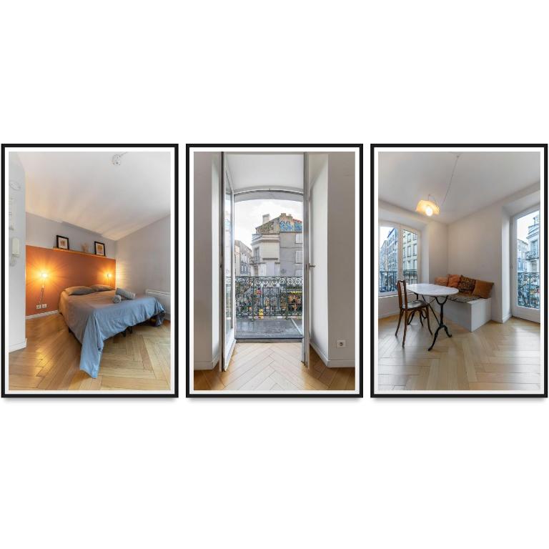 trois photos d'une chambre avec un lit et une table dans l'établissement Le Maréchal - Appartement cœur de ville avec vue, à Clermont-Ferrand
