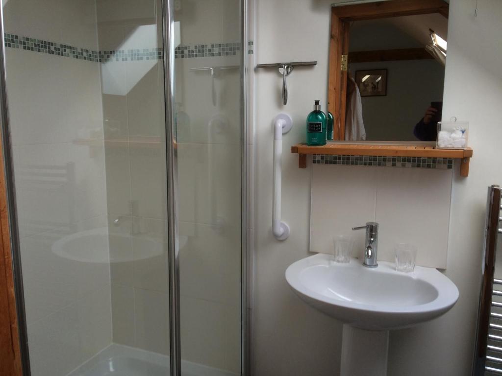a bathroom with a sink and a glass shower at Knockaloe Beg Farm in Patrick
