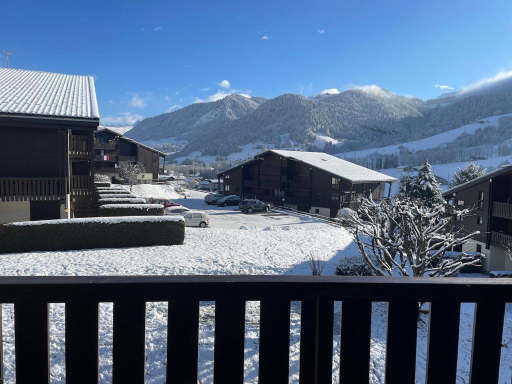 a snow covered yard with buildings and mountains at Appartement 6 pers proche des pistes in Praz-sur-Arly