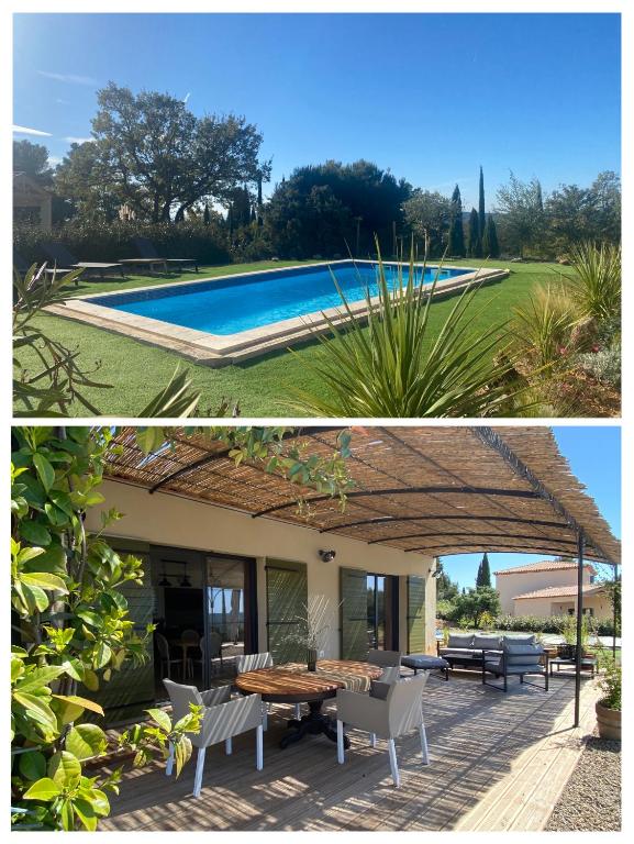 une maison avec une piscine, une table et des chaises dans l'établissement Les Terra Rossa, Villa contemporaine proche Lacs et Gorges du Verdon, à Aups