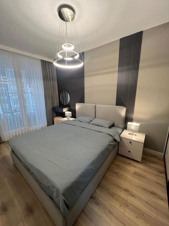 a bedroom with a large bed and a light fixture at Amelie's Apartment 1 in Skopje