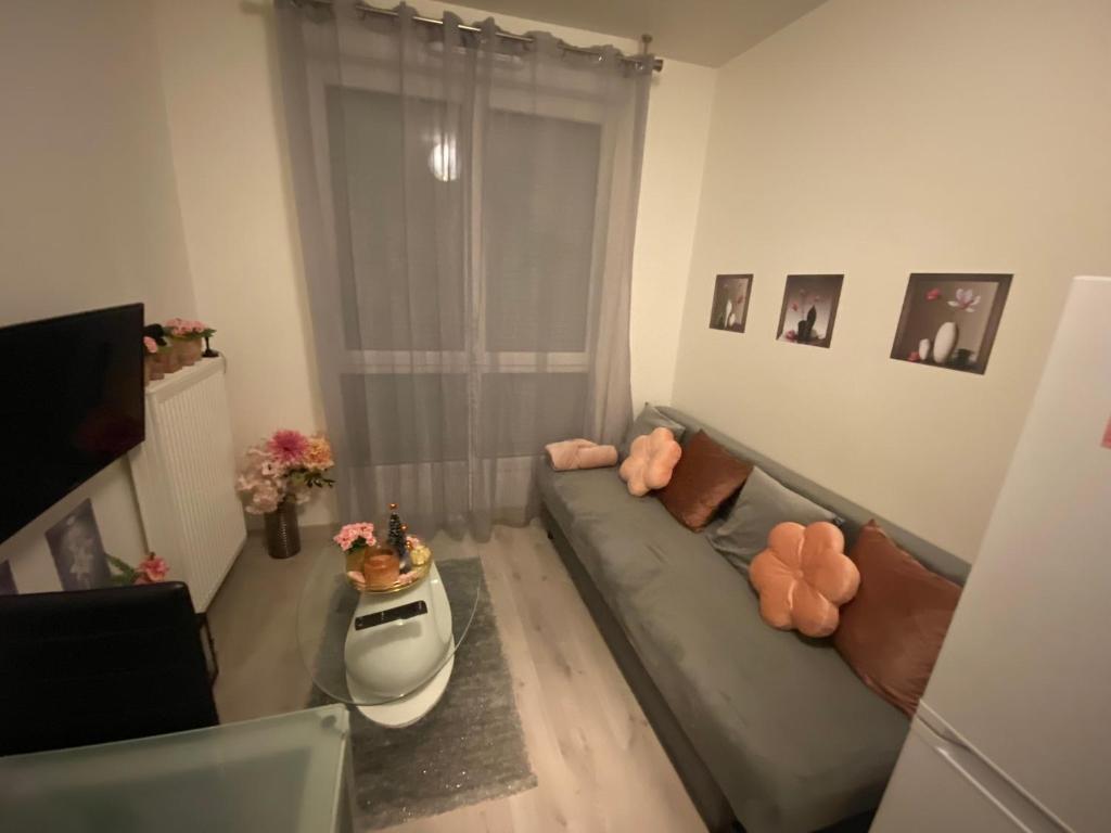 ein Wohnzimmer mit Sofa und Tisch in der Unterkunft Appartement meublé et cosy in Gennevilliers