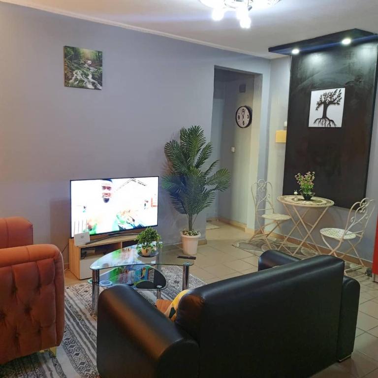 Happy House في دوالا: غرفة معيشة بها أريكة وتلفزيون بشاشة مسطحة