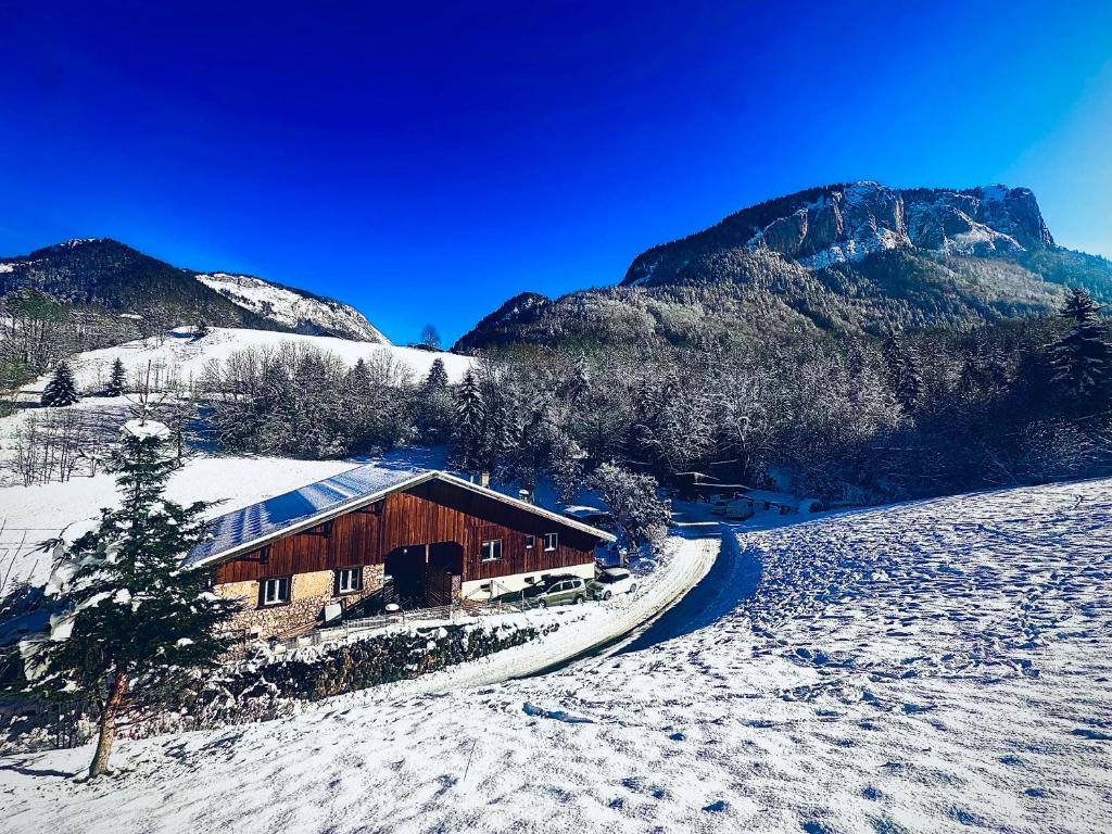 ベルヴォーにあるAppartement dans maison familialeの山を背景にした雪の小屋