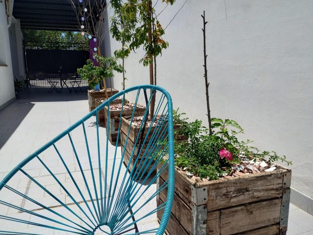 a blue metal fan in a wooden box with plants at Alquileres Allen in Allen