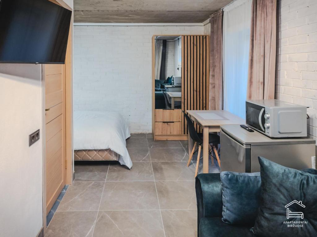 Un televizor și/sau centru de divertisment la Apartamentai Biržuose, cozy garage