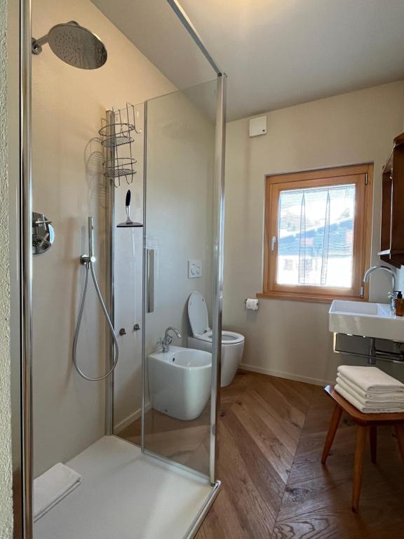 un bagno con doccia, WC e lavandino di Appartamento Il Pungitopo ad Abetone