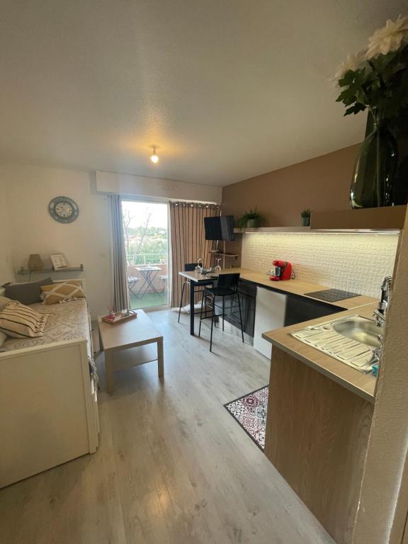 un salon avec une cuisine et une salle à manger dans l'établissement Studio cosy, à Balaruc-les-Bains
