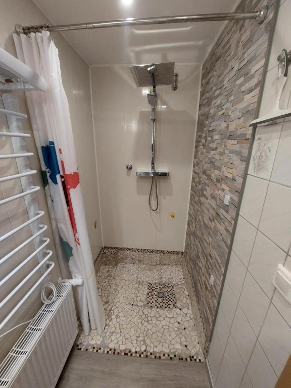a bathroom with a shower with a shower curtain at Komfortables Studio mit Terrasse und kleinem Garten - Erholung inklusive in Neumünster