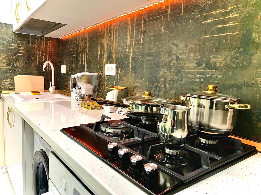 a kitchen with a stove with pots and pans on it at Golden Station Ultraconfort in Iaşi