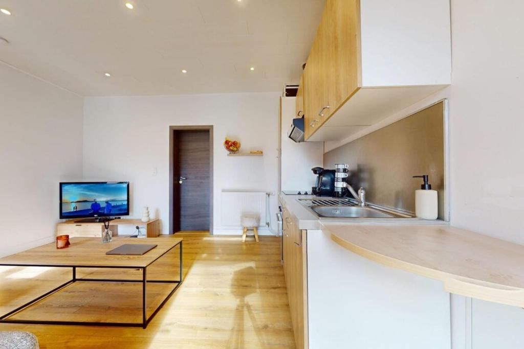Il comprend une cuisine avec des placards blancs, une table et une télévision. dans l'établissement Nid douillet au calme-Parking privé-Le Neptune, à Belfort