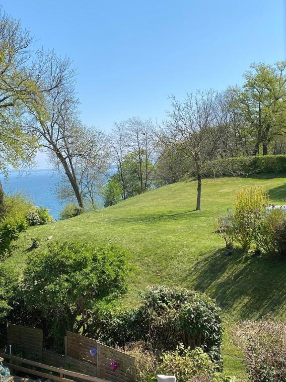 une colline herbeuse avec banc dans un parc dans l'établissement Maison de village, à Yvoire