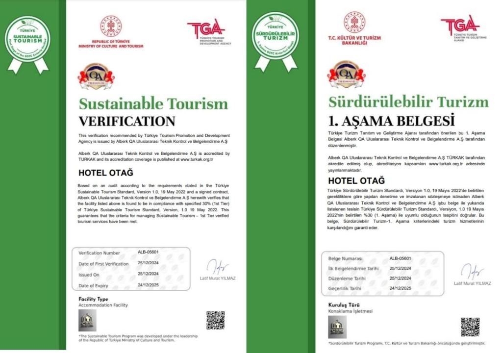 Hotel Otağ tanúsítványa, márkajelzése vagy díja
