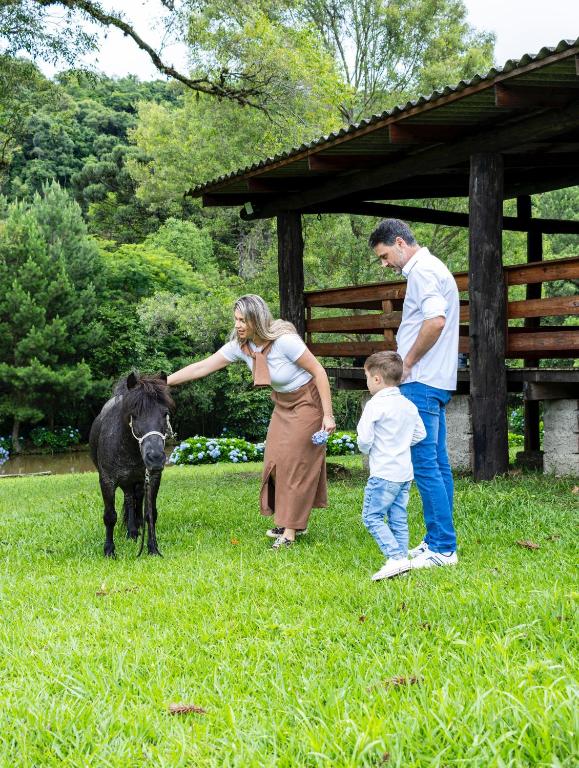 a woman and a man and a child petting a calf at Hotel Cabanas Glamour in Gramado