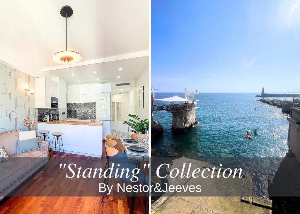 Il comprend une cuisine et un salon offrant une vue sur l'océan. dans l'établissement Nestor&Jeeves - FEI HOME - Port - Modern, à Nice
