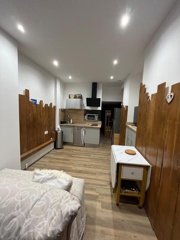 un salon avec un lit et une cuisine dans l'établissement Aux pieds des pistes la Foux d allos, à La Foux d'Allos