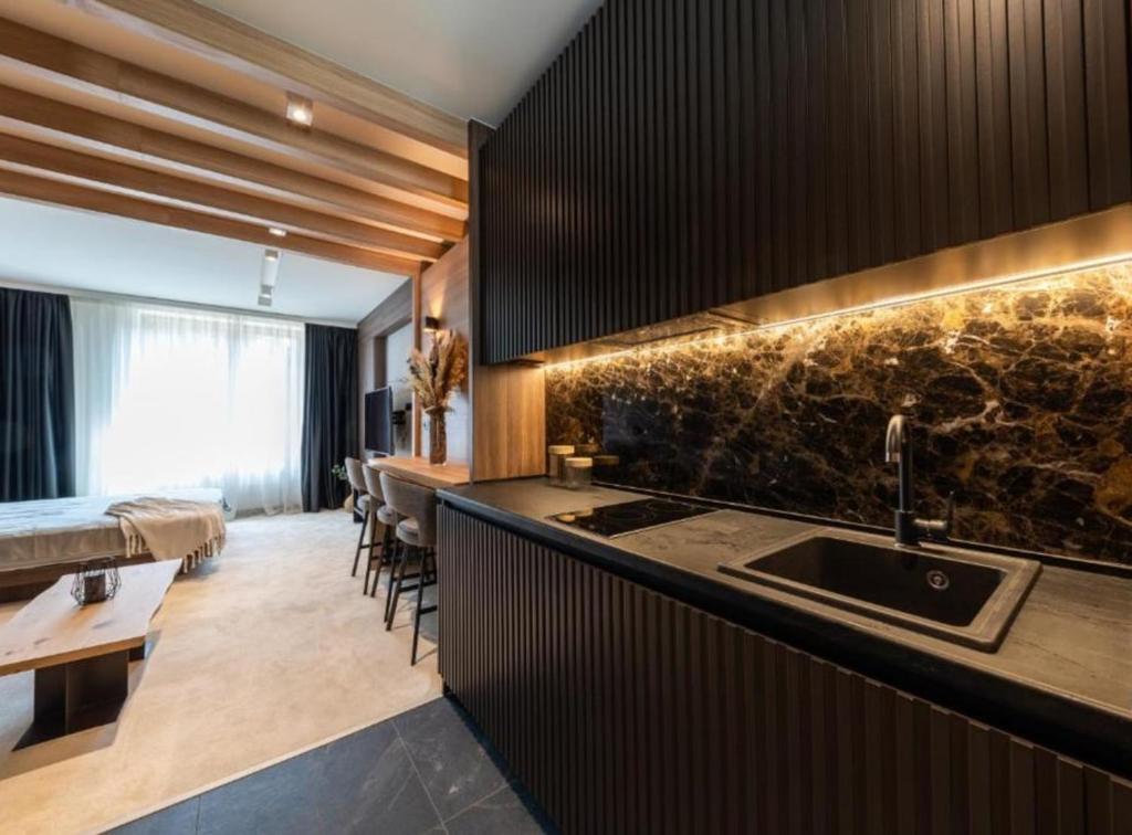 a kitchen with a sink and a counter top at Woodside Mount Kopaonik in Kopaonik
