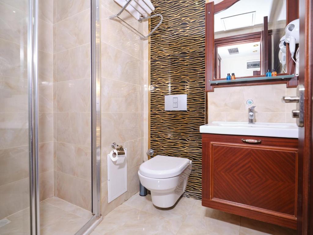 a bathroom with a shower and a toilet and a sink at Istanbul Newcity Hotel in Istanbul