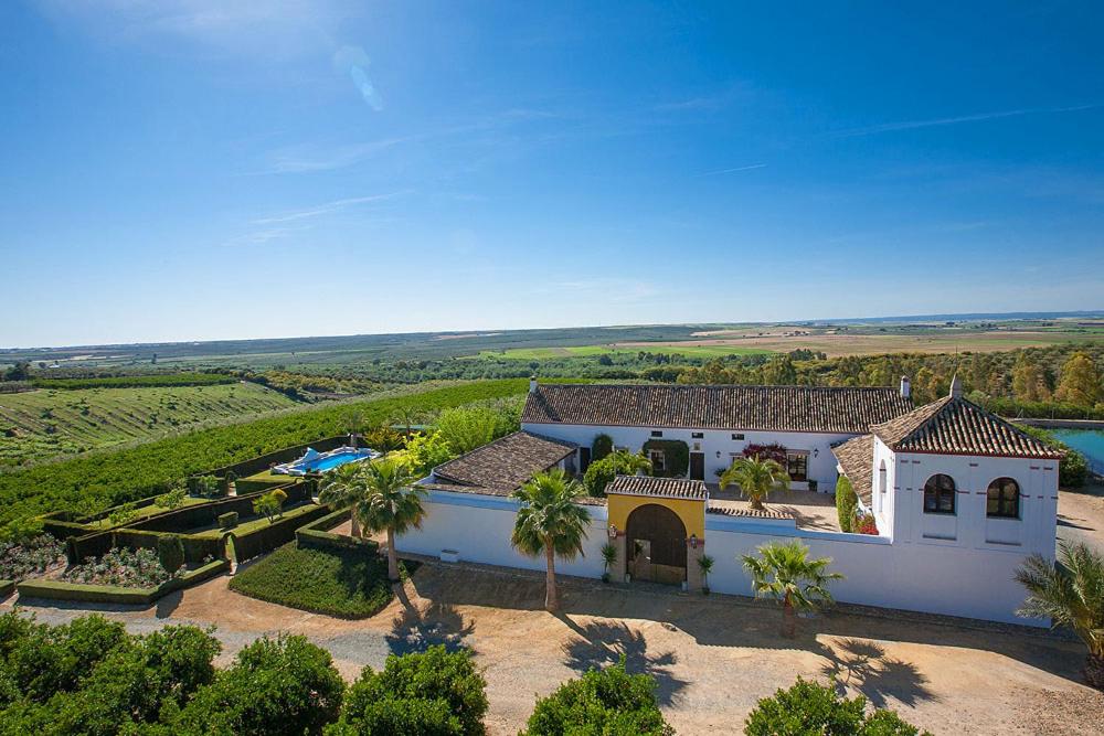 an aerial view of a large white house with palm trees at Reservaloen Hacienda las Marciagas in Benacazón