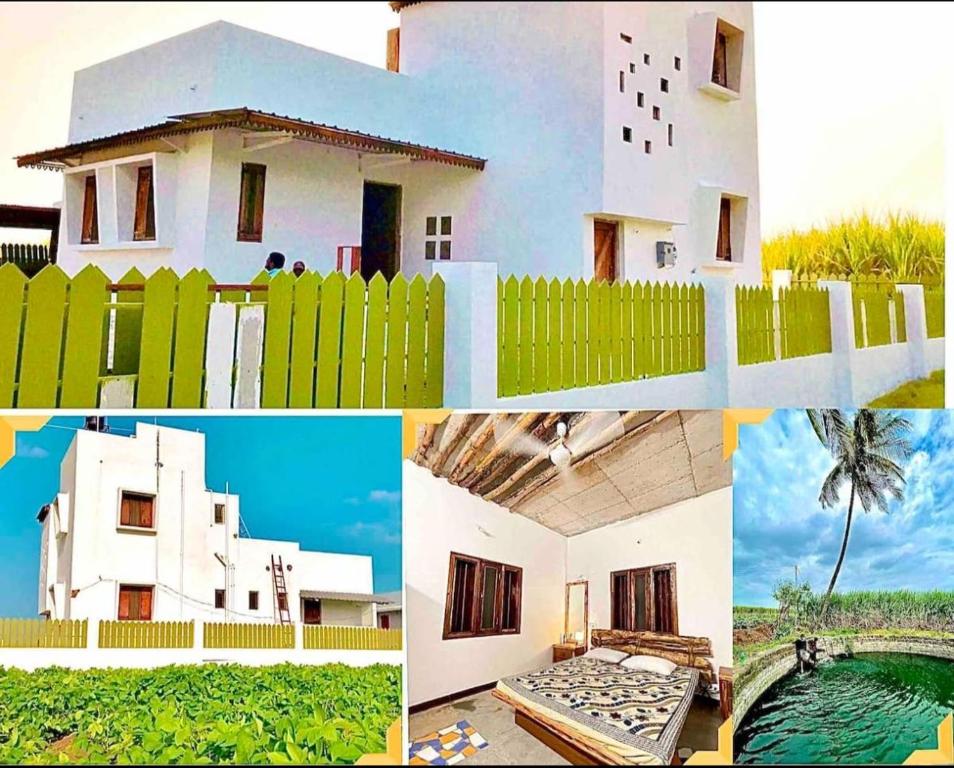 a collage of pictures of a house with a fence at 2-BHK 'Nature's Haven Farmhouse' Pune-baramati Highway in Sāngwi