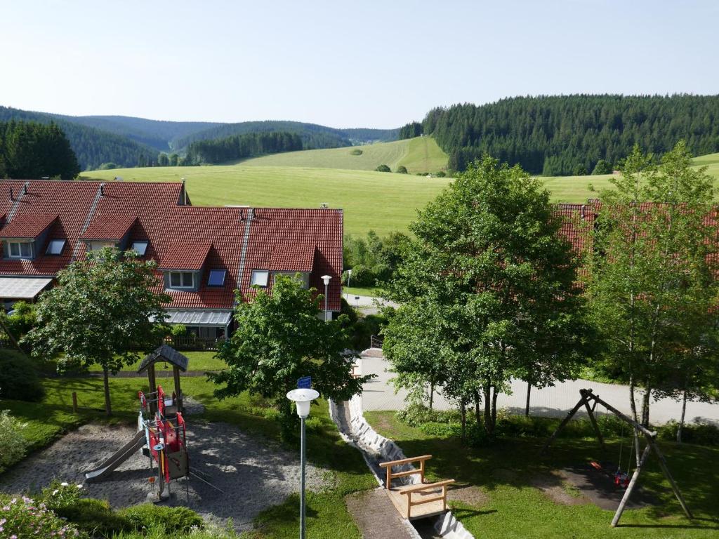 an aerial view of a house with a playground at Fewo Furtwangen in Furtwangen