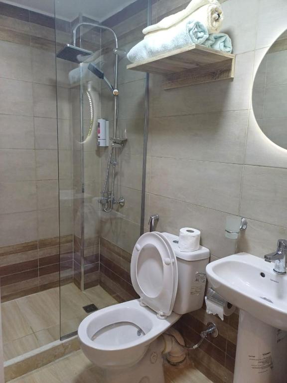 a bathroom with a shower and a toilet and a sink at Cairo Hub in Cairo