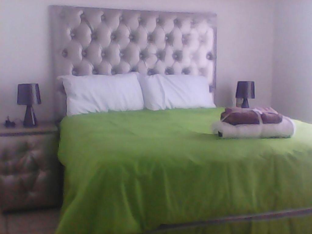 1 dormitorio con 1 cama verde y 2 lámparas en Day & Night Guestrooms, en White River