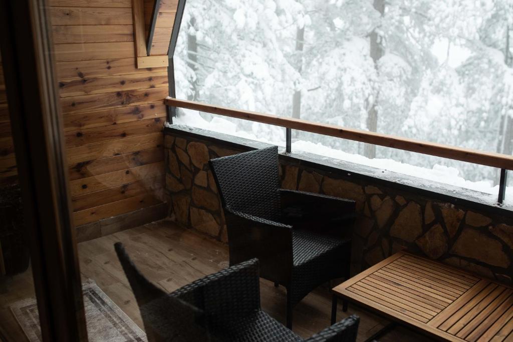 a balcony with a table and chairs and a window at Apartman Crni bor 2 Tara in Kaludjerske Bare