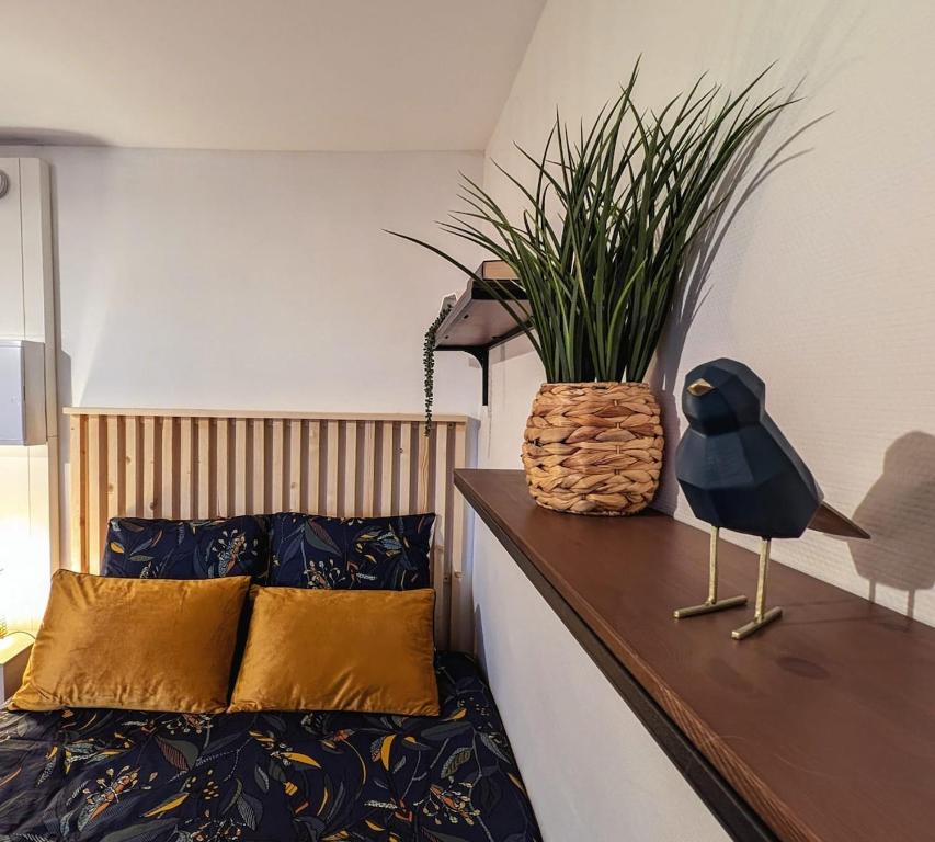 un dormitorio con una mesa con una planta en L'Exotic - Studio Centre-Ville, en Niort