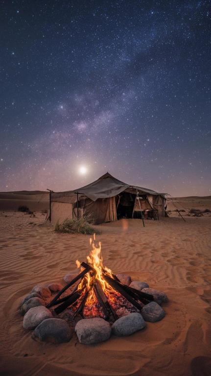 Un falò nel deserto sotto un cielo notturno di Waha a Ismant