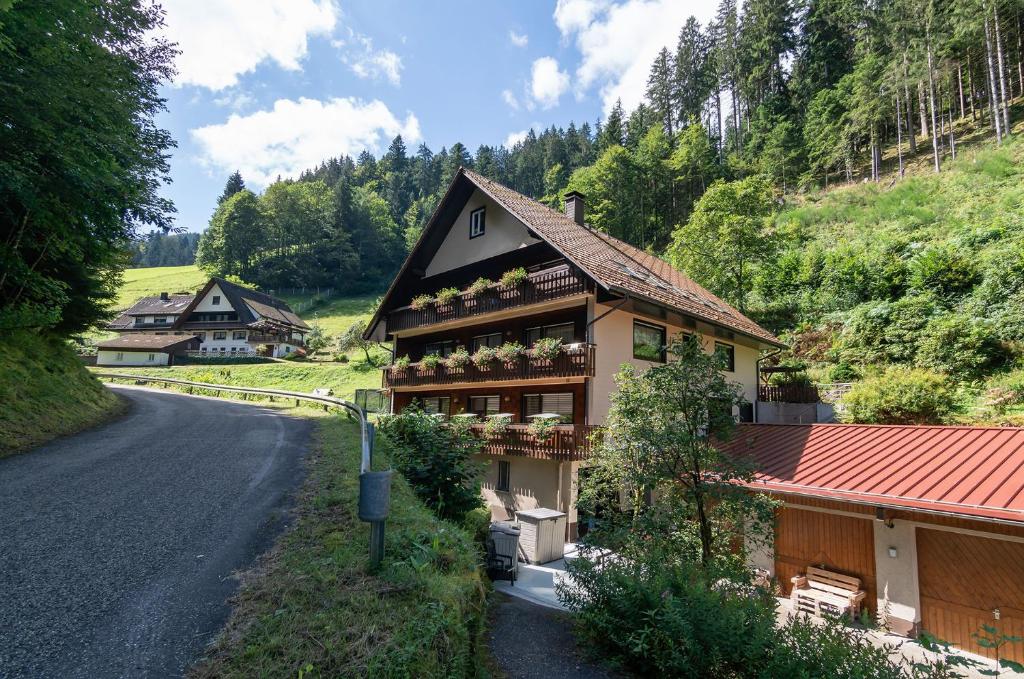 a house with flowers on the side of a road at Ferienwohnungen Huber in Bad Peterstal-Griesbach
