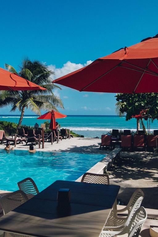 a swimming pool with chairs and umbrellas and the beach at Serene Jungle Villa -Steps from the Ocean in Akumal