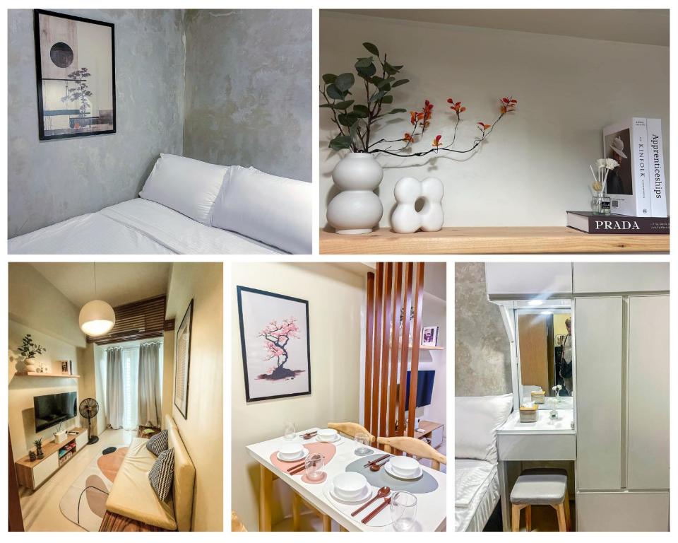 a collage of photos of a hotel room at 10mins to MOA Japan Aesthetic with Balcony Karaoke Kitchen 3mins to PICC in Manila