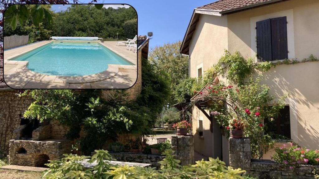une photo d'une piscine à côté d'une maison dans l'établissement Maison traditionnelle au coeur d'une ferme, à Besse