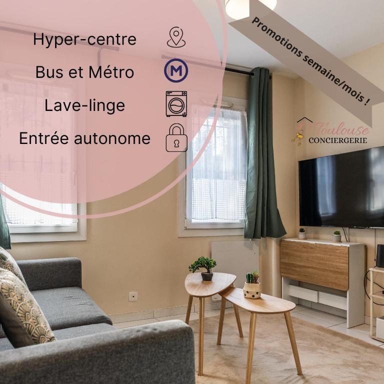 un salon avec un canapé et une télévision dans l'établissement L 'Émeraude Toulousaine, à Toulouse