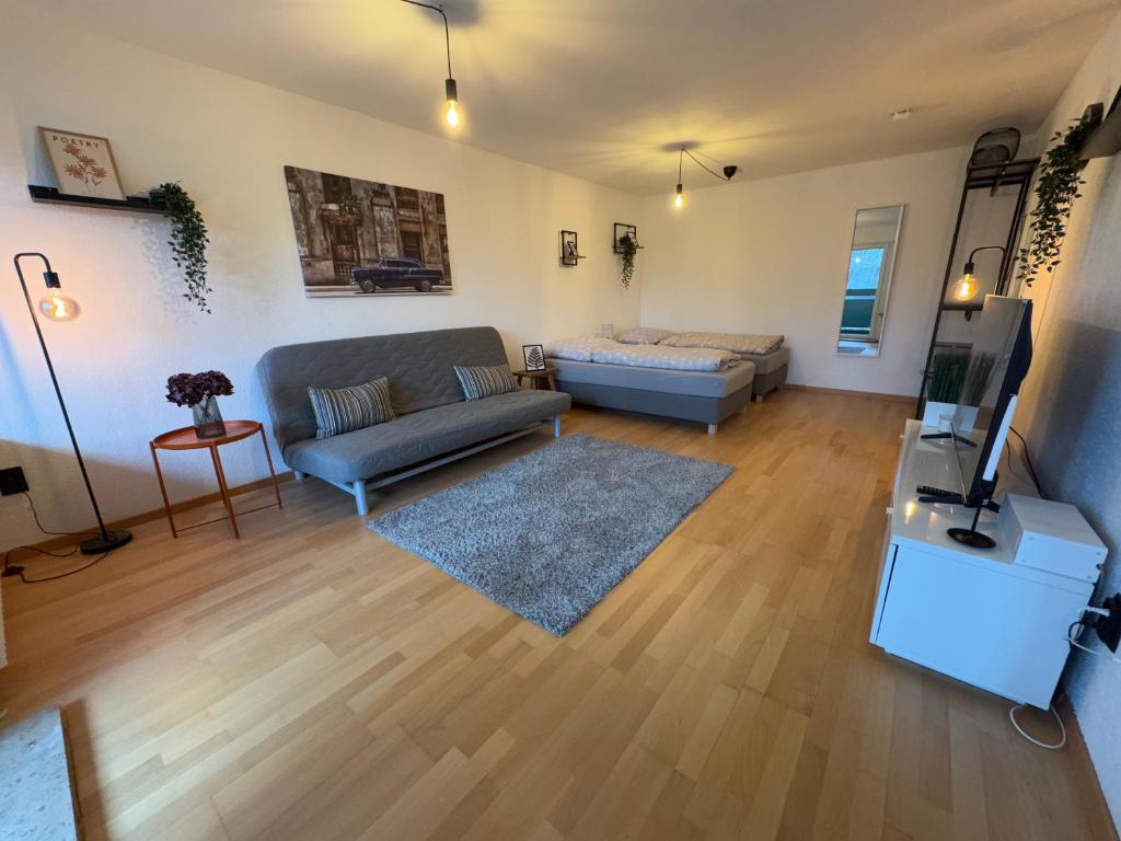 a living room with a couch and a television at Apartment am Messegelände in Nürnberg