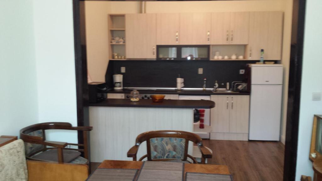 Una cocina con encimera, mesa y sillas. en Apartament Stonel, en Veliko Tŭrnovo