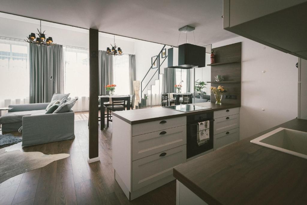 a kitchen and living room with a counter and a table at "Hunter's Suite"- at the heart of Hartberg I Parking in Hartberg