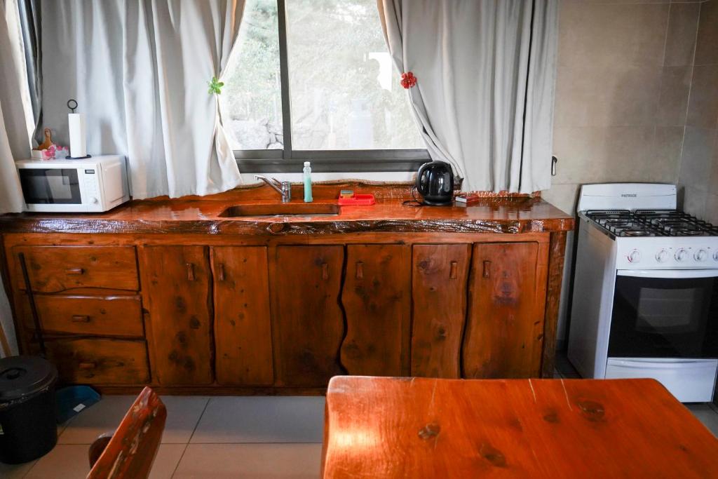 cocina con fregadero, microondas y ventana en Refugio Alpino, en La Cumbrecita