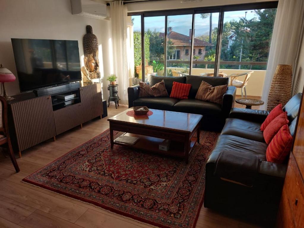 un salon avec un canapé et une table basse dans l'établissement Appartement avec balcon au pied du port, à Capbreton