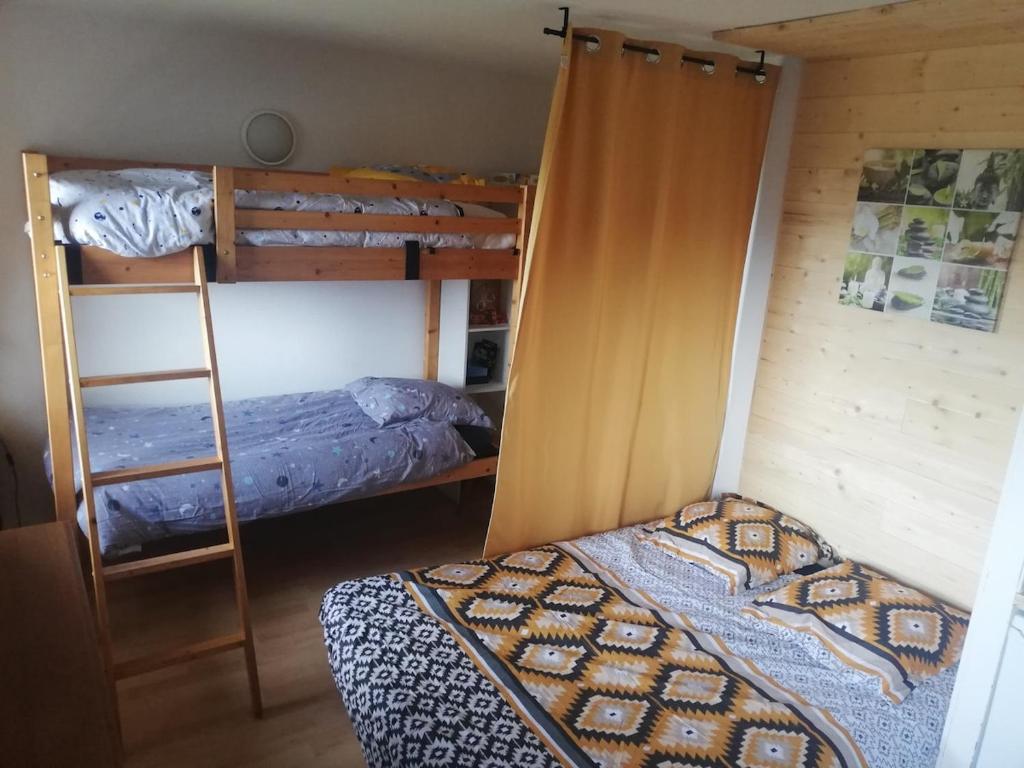 une chambre avec deux lits superposés et une échelle dans l'établissement Studio chaleureux de montagne, à Ustou